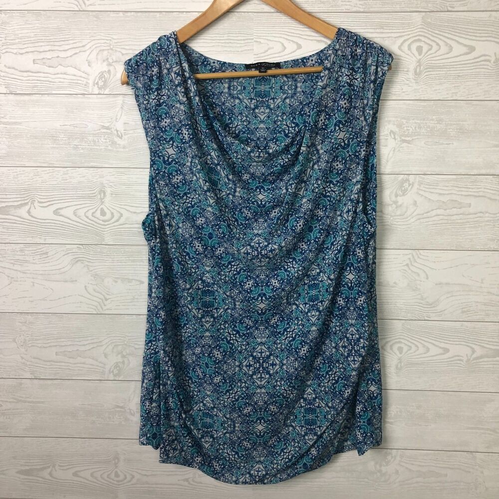 Ava & Grace Women's 3X Printed Scoop Neck Tank Top Blue White Sleeveless Shirt